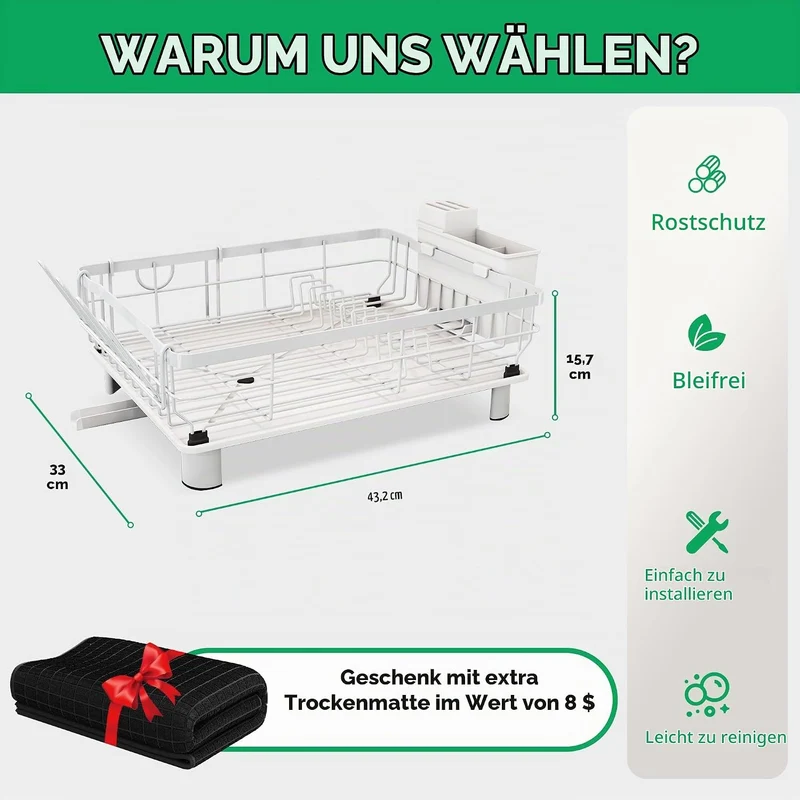 Boosiny Abtropfgestell mit 2 Etagen, Edelstahl-Geschirrabtropfgestell für Küchentheke mit Utensilien