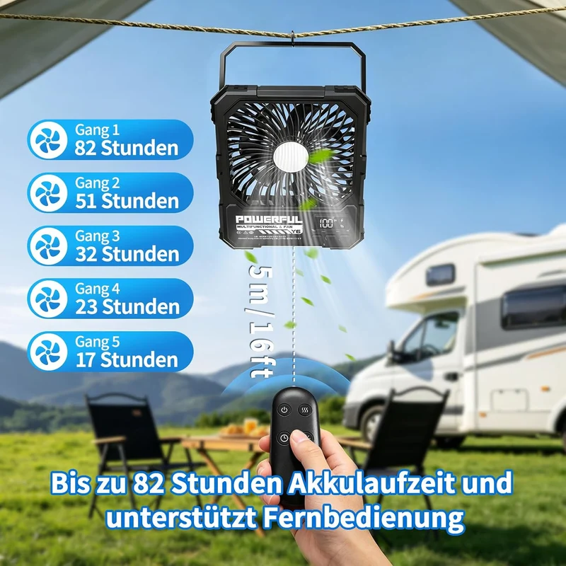 yAyusi 20000mAh Akku Camping Ventilator mit Lampe,Tragbarer Reise Ventilator mit Fernbedienung Timer