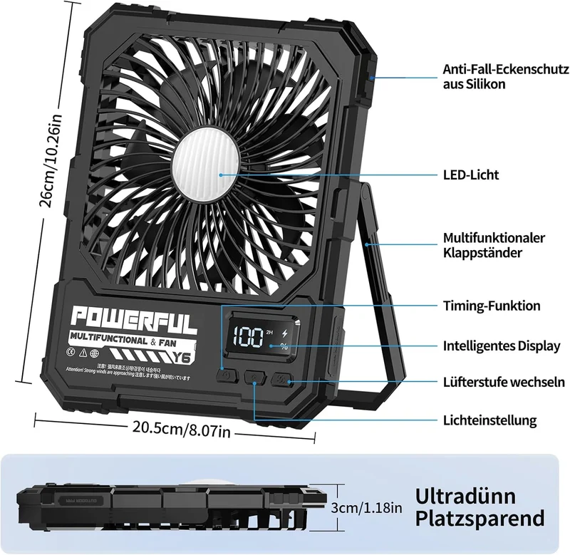 yAyusi 20000mAh Akku Camping Ventilator mit Lampe,Tragbarer Reise Ventilator mit Fernbedienung Timer