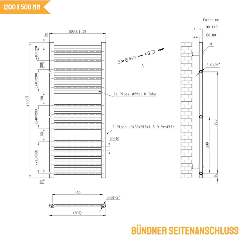 WITEN&NOCK Badheizkörper 1200x 500 mm Designheizkörper Heizkörper Seitenanschluss Nabenabstand 500 m