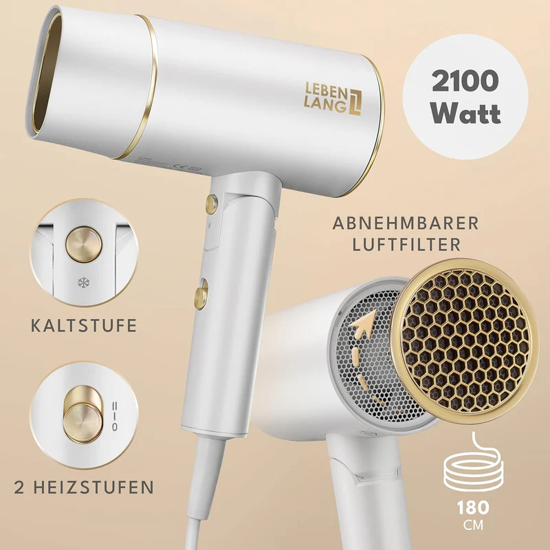 LEBENLANG Föhn Haartrockner Ionen 2100W - Anti-Spliss mit Kaltluft Modus | Reisefön klappbar klein &