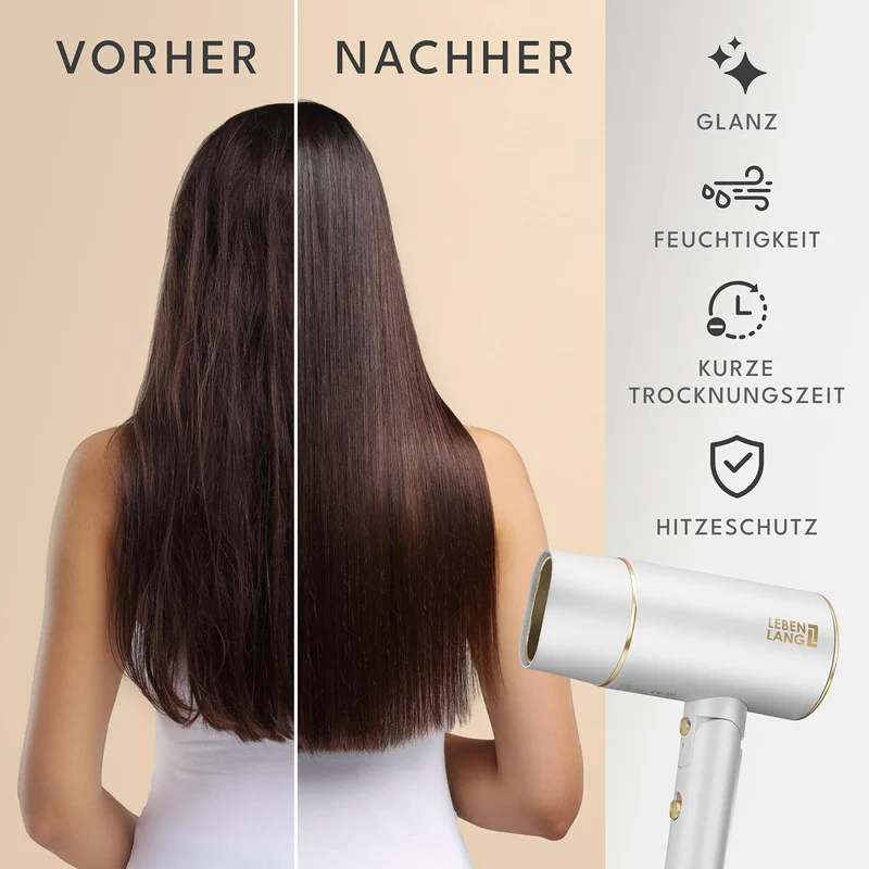 LEBENLANG Föhn Haartrockner Ionen 2100W - Anti-Spliss mit Kaltluft Modus | Reisefön klappbar klein &