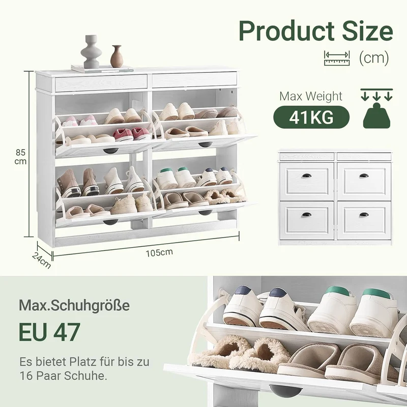 SoBuy Schuhschrank Schmal Weiss Holzoptik, Flurschrank Schmal mit Schublade, Schuhschrank Vintage, S