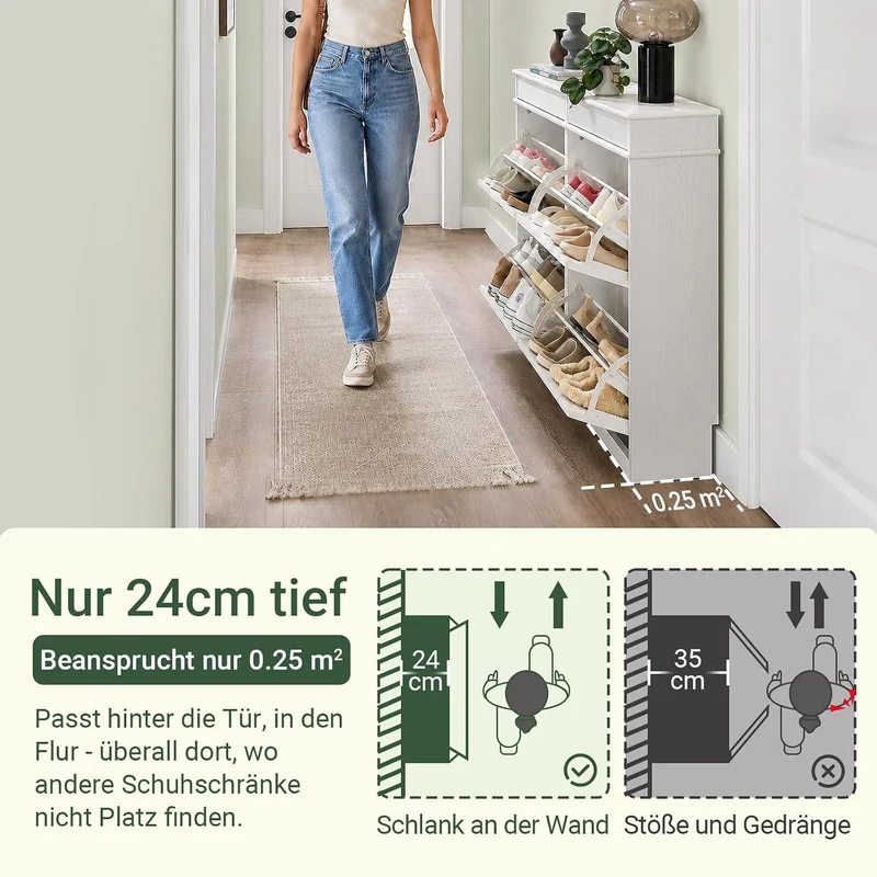 SoBuy Schuhschrank Schmal Weiss Holzoptik, Flurschrank Schmal mit Schublade, Schuhschrank Vintage, S