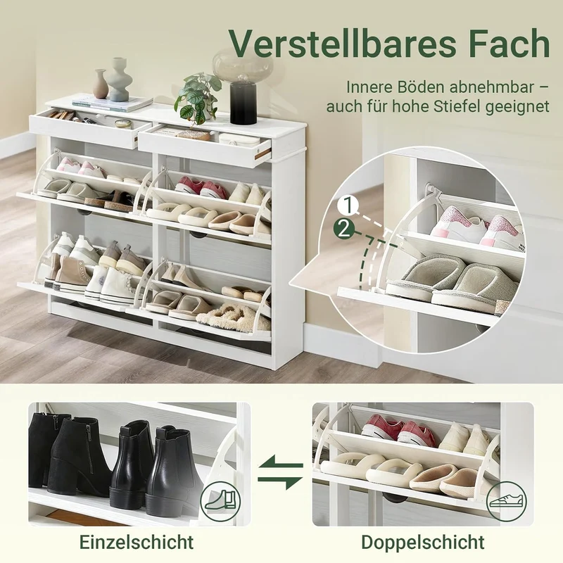 SoBuy Schuhschrank Schmal Weiss Holzoptik, Flurschrank Schmal mit Schublade, Schuhschrank Vintage, S