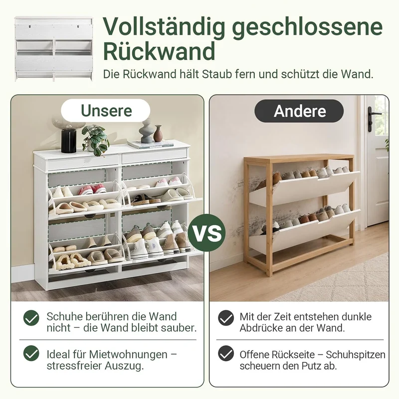 SoBuy Schuhschrank Schmal Weiss Holzoptik, Flurschrank Schmal mit Schublade, Schuhschrank Vintage, S