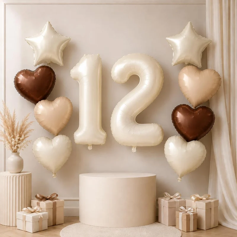 Folienballon 12. Geburtstag Deko, 40'' Creme Beige Zahl 12 Luftballons, Nude 12 Ballon Kaffee Braun