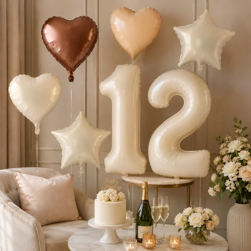 Folienballon 12. Geburtstag Deko, 40'' Creme Beige Zahl 12 Luftballons, Nude 12 Ballon Kaffee Braun