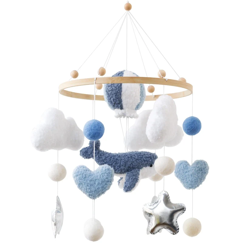 Blauwal Mobile Baby Windspiele – 3D Heissluftballon, Wal, Herz, Wolken Mobile aus Holz mit Filzbälle