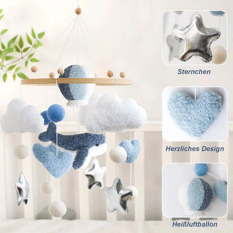 Blauwal Mobile Baby Windspiele – 3D Heissluftballon, Wal, Herz, Wolken Mobile aus Holz mit Filzbälle