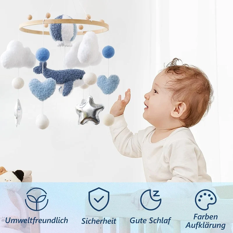 Blauwal Mobile Baby Windspiele – 3D Heissluftballon, Wal, Herz, Wolken Mobile aus Holz mit Filzbälle