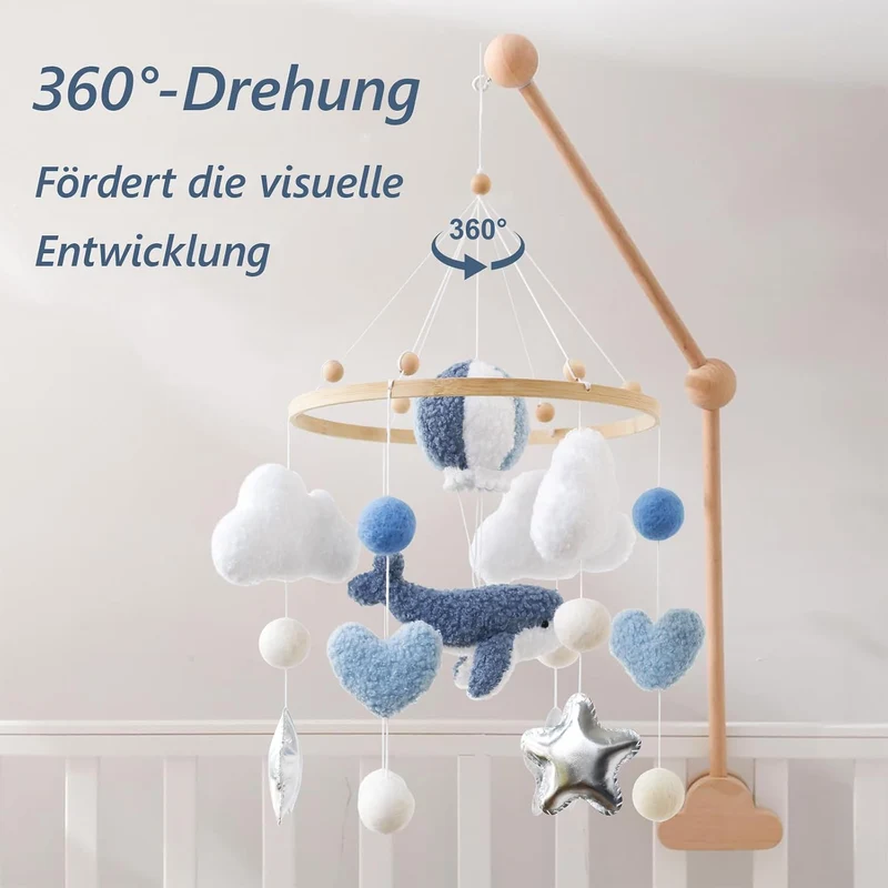 Blauwal Mobile Baby Windspiele – 3D Heissluftballon, Wal, Herz, Wolken Mobile aus Holz mit Filzbälle