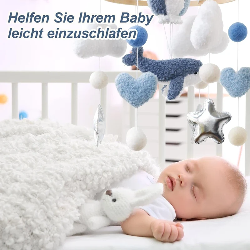 Blauwal Mobile Baby Windspiele – 3D Heissluftballon, Wal, Herz, Wolken Mobile aus Holz mit Filzbälle