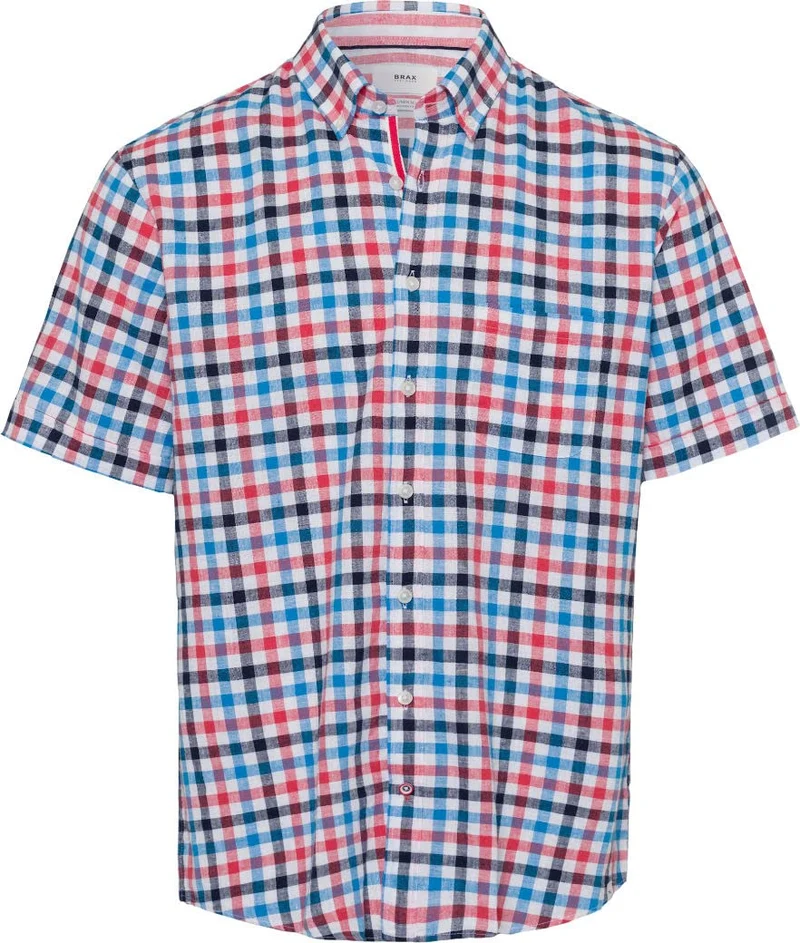 BRAX Herren Style Dan C Cotton Linen Slub Kariertes Kurzarmhemd Hemd XL Ocean, XL Ocean