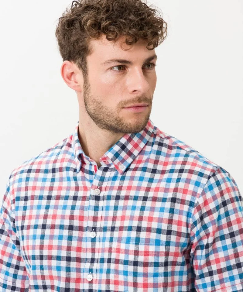 BRAX Herren Style Dan C Cotton Linen Slub Kariertes Kurzarmhemd Hemd XL Ocean, XL Ocean