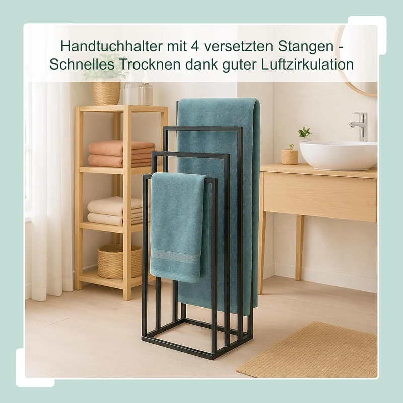Relaxdays Handtuchständer, HxBxT: 96,5 x 45 x 29 cm, Metall, 4 Stangen, stehender Handtuchhalter, Ba