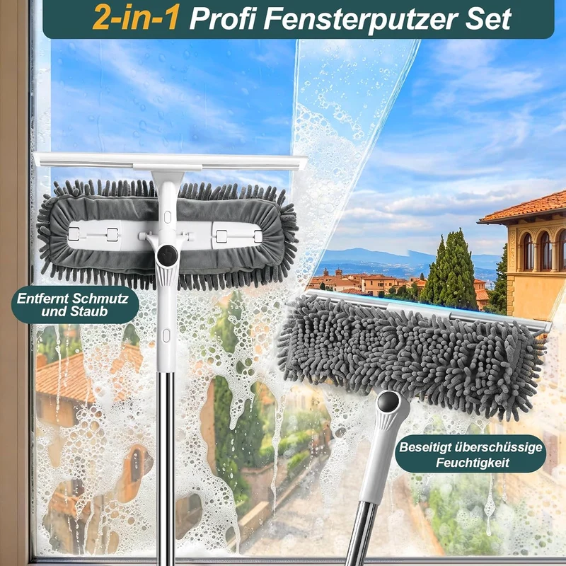 4m Teleskopstange Fensterreinigung Set mit Fensterabzieher für hohe Fenster