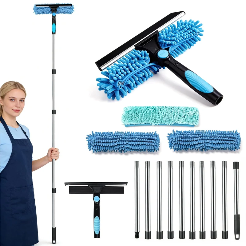 Fensterreiniger Set, Teleskopstiel 390 cm, mit Drehbarem Kopf 180° Blau -3.9m, Blau -3.9m