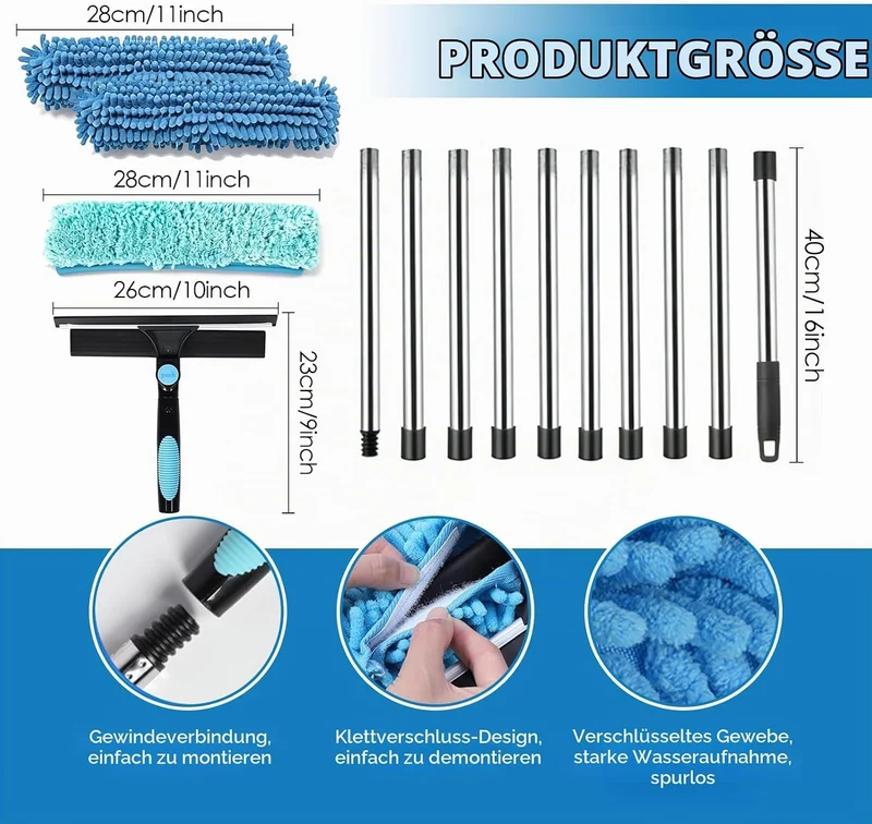 Fensterreiniger Set, Teleskopstiel 390 cm, mit Drehbarem Kopf 180° Blau -3.9m, Blau -3.9m