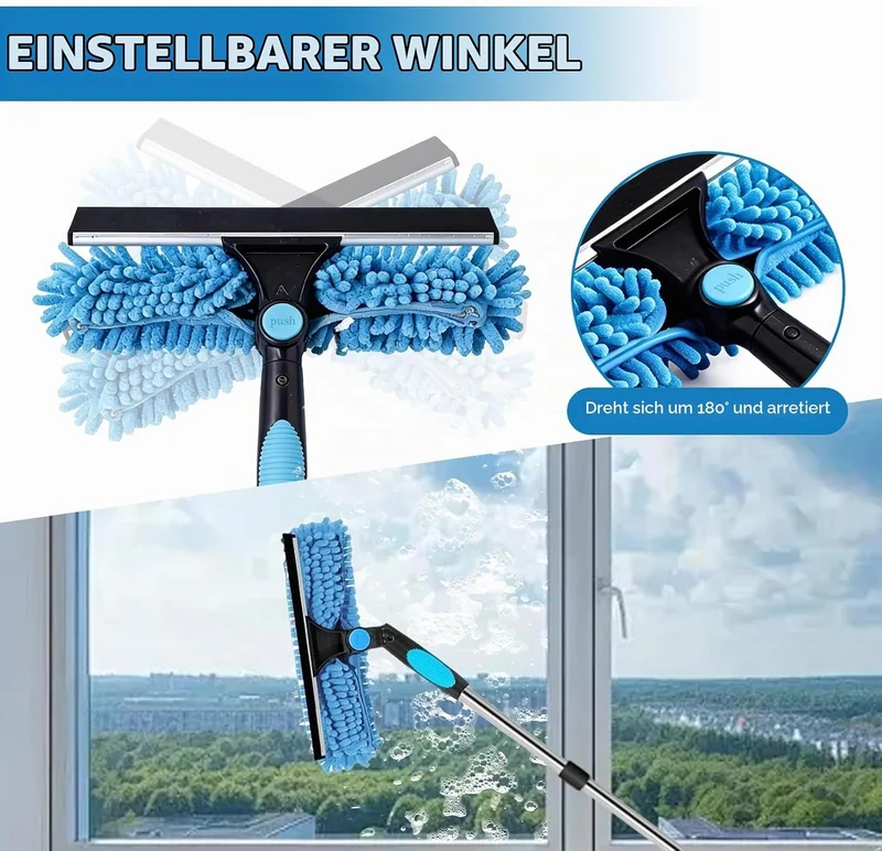 Fensterreiniger Set, Teleskopstiel 390 cm, mit Drehbarem Kopf 180° Blau -3.9m, Blau -3.9m