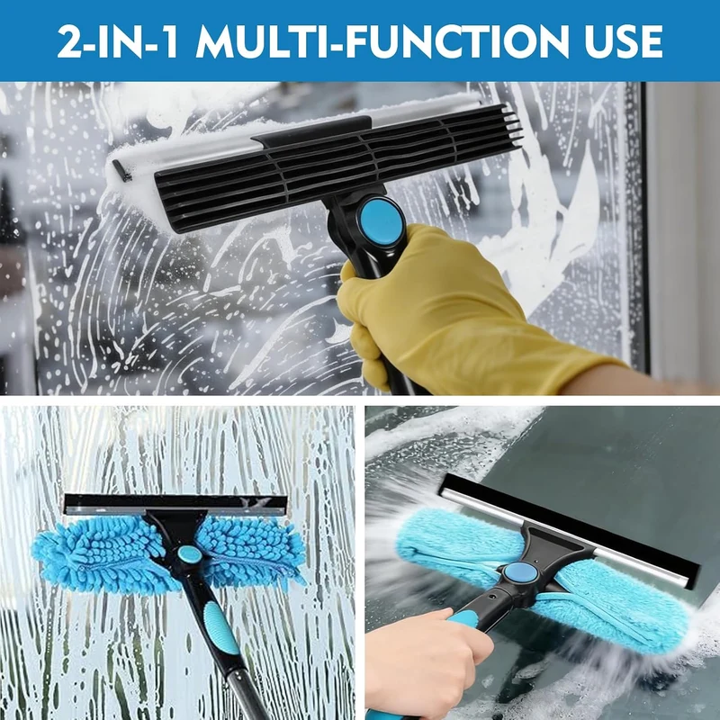 Fensterreiniger Set, Teleskopstiel 390 cm, mit Drehbarem Kopf 180° Blau -3.9m, Blau -3.9m