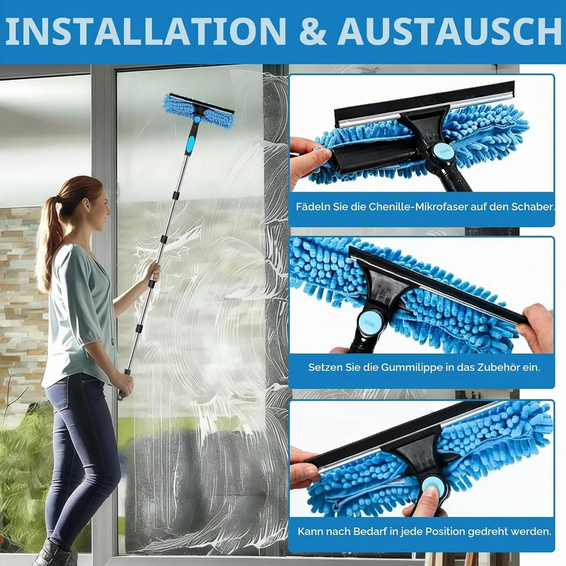 Fensterreiniger Set, Teleskopstiel 390 cm, mit Drehbarem Kopf 180° Blau -3.9m, Blau -3.9m