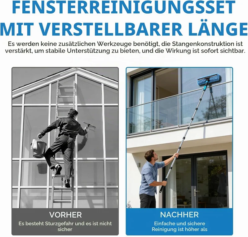 Fensterreiniger Set, Teleskopstiel 390 cm, mit Drehbarem Kopf 180° Blau -3.9m, Blau -3.9m