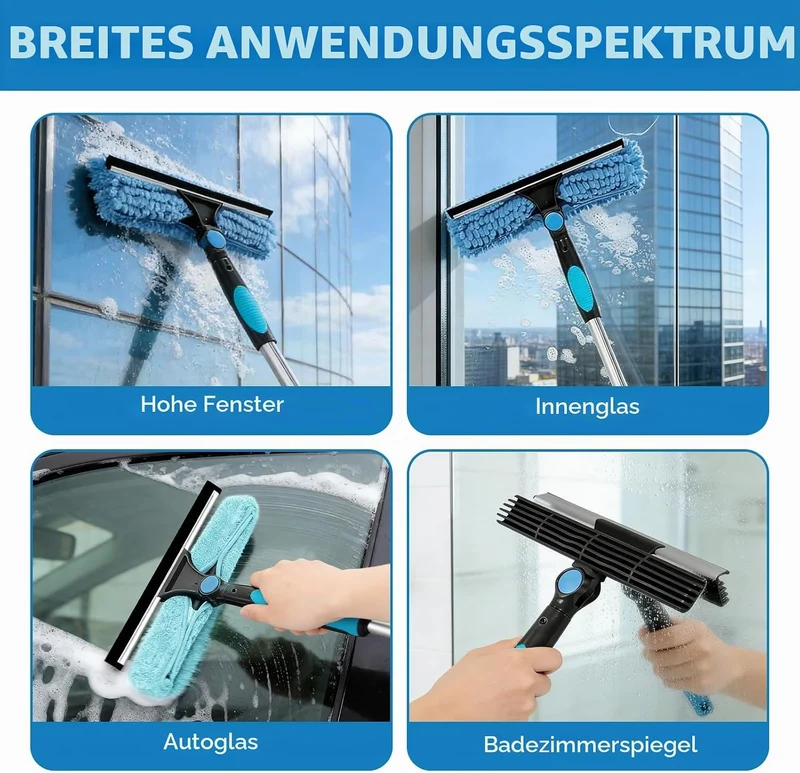 Fensterreiniger Set, Teleskopstiel 390 cm, mit Drehbarem Kopf 180° Blau -3.9m, Blau -3.9m