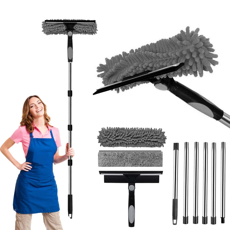 250cm Teleskop Fensterwischer Abzieher Set, 2-in-1 Fensterreiniger Set mit 6 Verlängerungsstangen, A