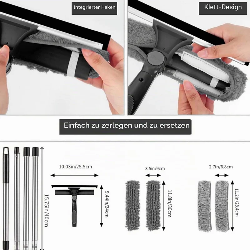250cm Teleskop Fensterwischer Abzieher Set, 2-in-1 Fensterreiniger Set mit 6 Verlängerungsstangen, A