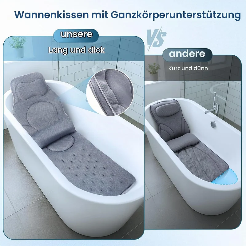 Badewannenkissen Ganzkörper Badekissen-Bequemes, stromlinienförmiges Design –extra Dicke – Stützt Ko