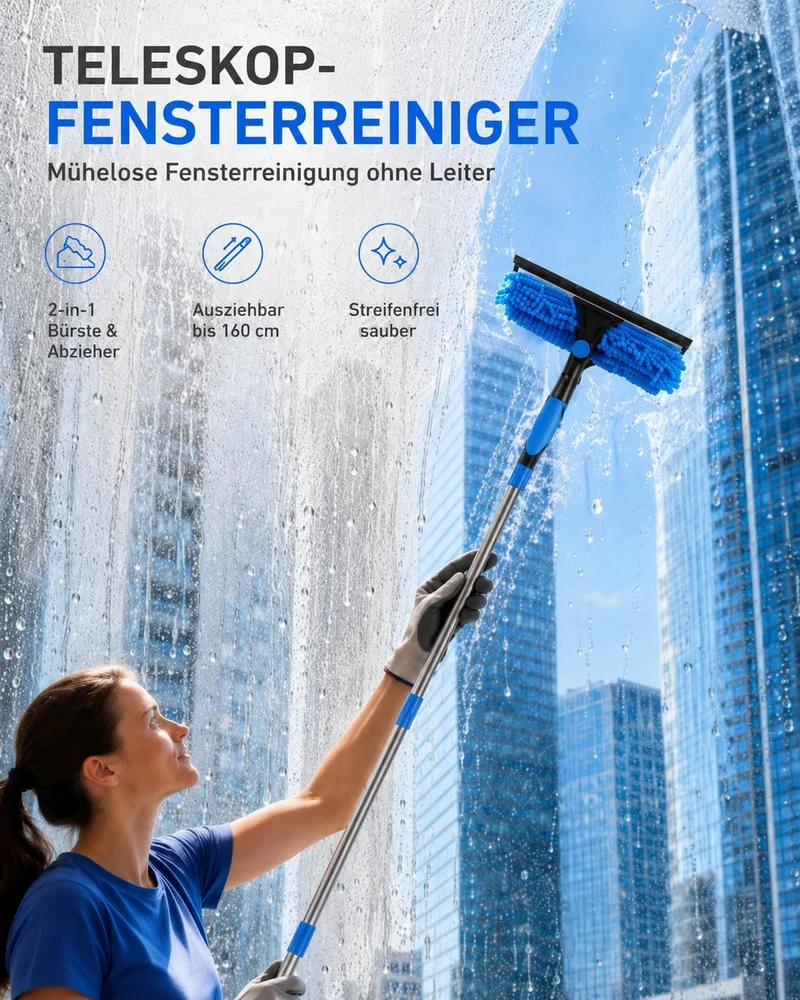 4.5m Teleskop Fensterreiniger - 5-in-1 Fensterwischer mit 180° Drehkopf