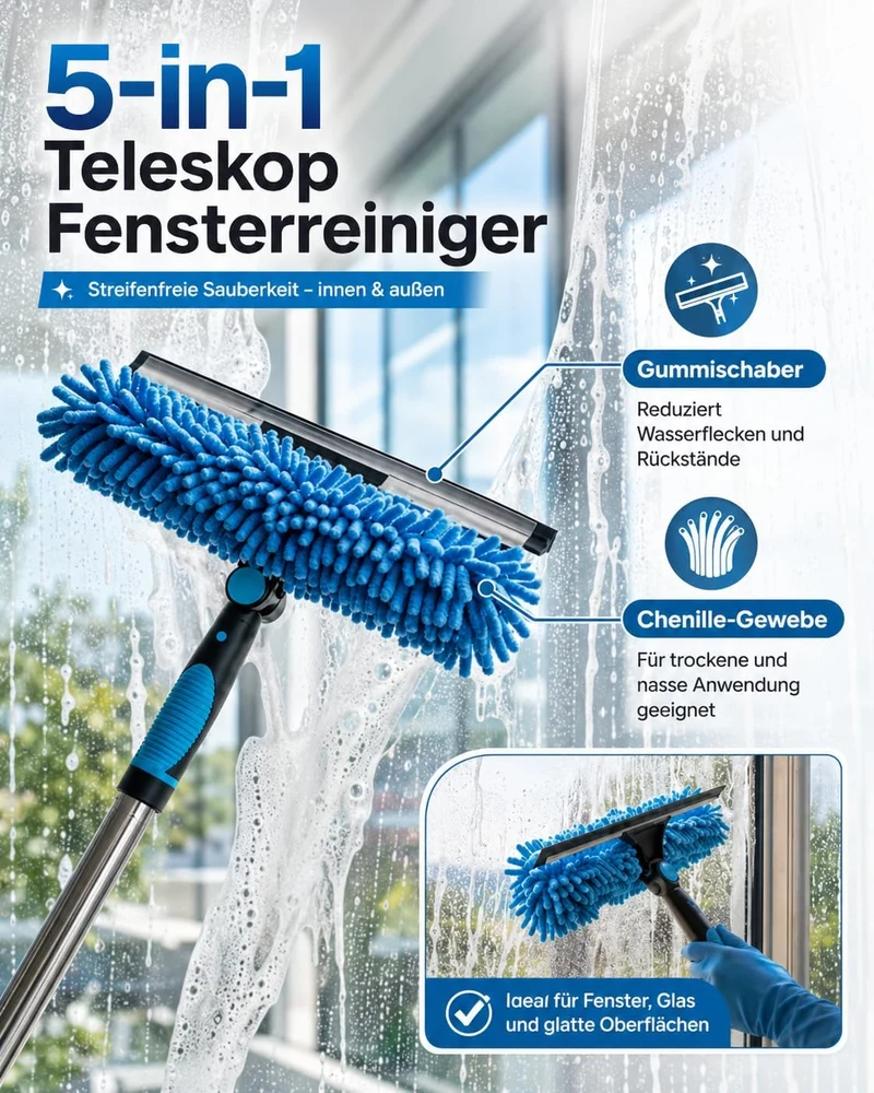 4.5m Teleskop Fensterreiniger - 5-in-1 Fensterwischer mit 180° Drehkopf