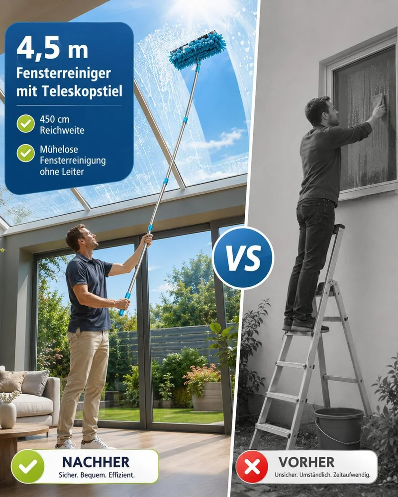 4.5m Teleskop Fensterreiniger - 5-in-1 Fensterwischer mit 180° Drehkopf