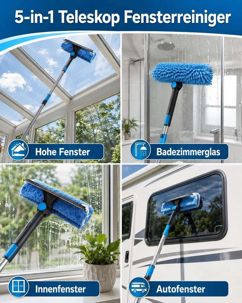 4.5m Teleskop Fensterreiniger - 5-in-1 Fensterwischer mit 180° Drehkopf
