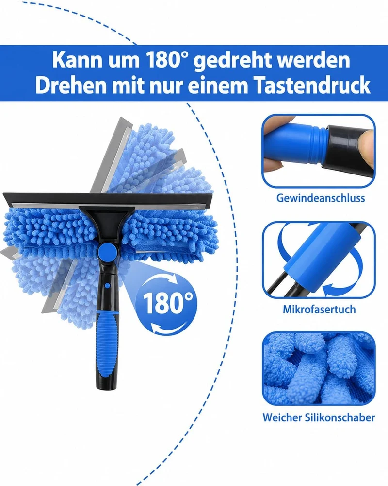 4.5m Teleskop Fensterreiniger - 5-in-1 Fensterwischer mit 180° Drehkopf