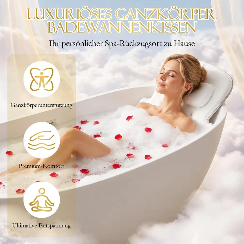 Badewannenkissen Ganzkörper Badekissen mit Kopfstütze 128×40 cm