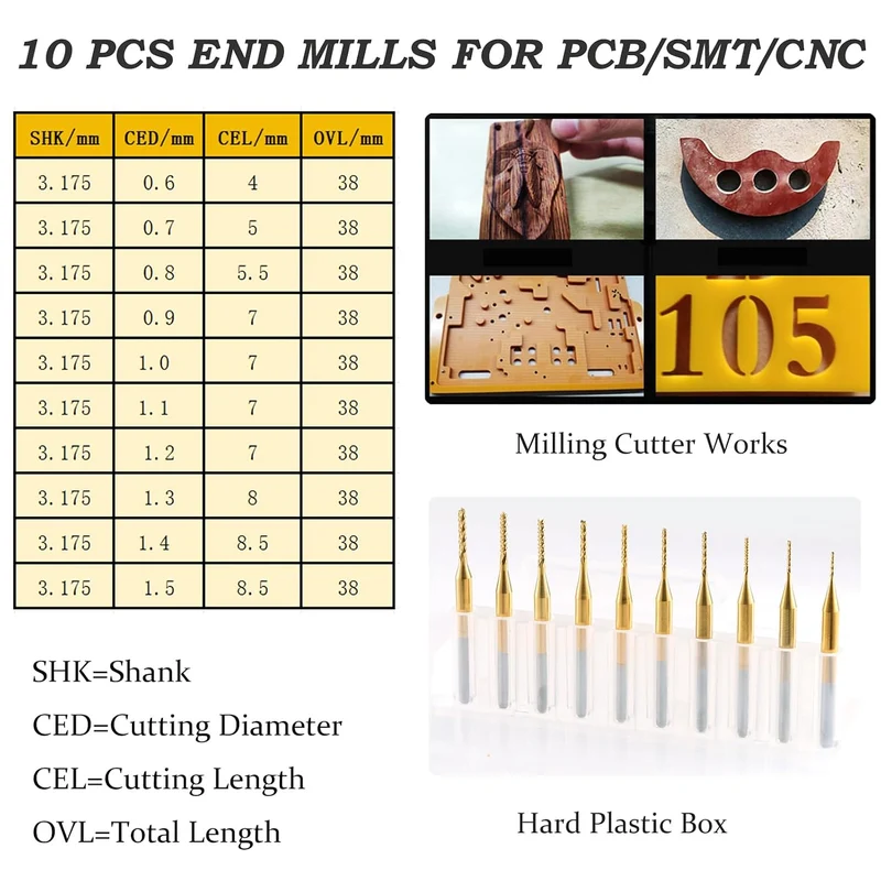 10 Stücke Hartmetall Schaftfräser, 1/8 Schaft Titan Coat CNC Fräser Stückchen Fräser Schnitzsatz, St