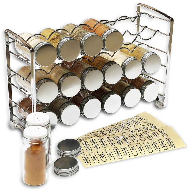 DecoBros Spice Rack Stand Holder with 18 Bottles and 48 Labels, Chrome by Deco Brothers, Chrome