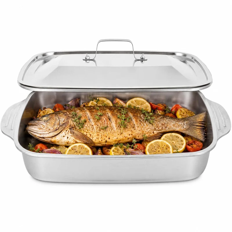 Edelstahl Backform 41X24X7,5cm Rechteckige Fischpfanne mit Deckel für Backofen Grill und Dämpfen Gee