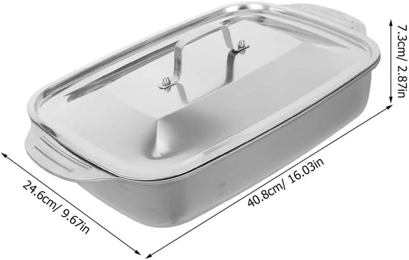 Edelstahl Backform 41X24X7,5cm Rechteckige Fischpfanne mit Deckel für Backofen Grill und Dämpfen Gee