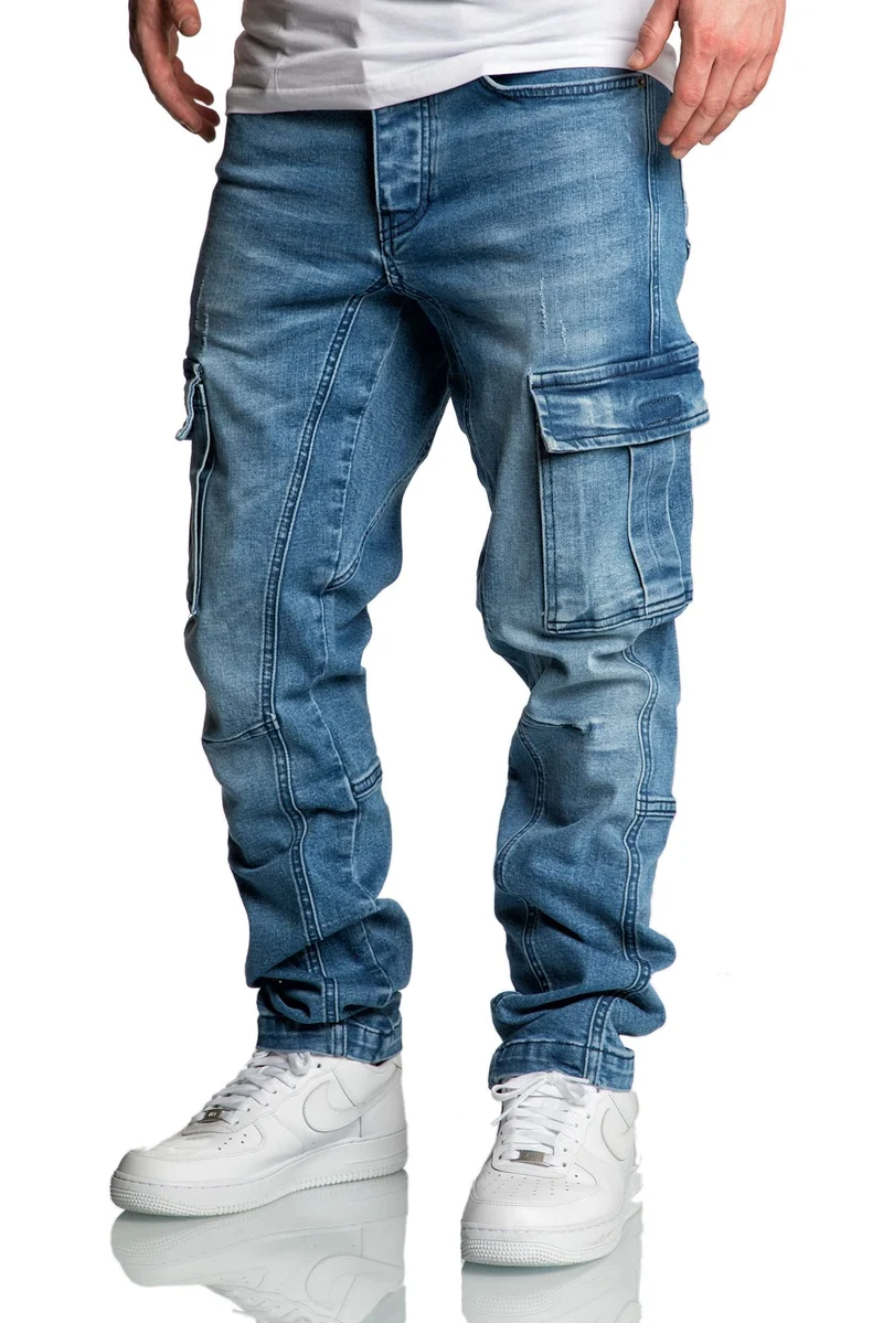 Amaci&Sons Herren Cargo Jeans Regular Slim Denim Hose Destroyed 7977 40W / 30L Hellblau, 40W / 30L H