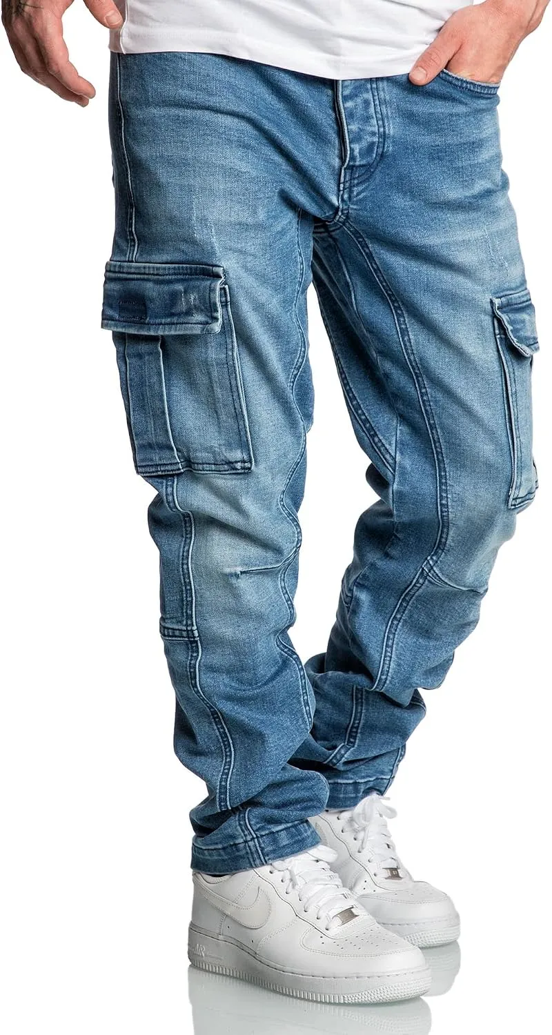 Amaci&Sons Herren Cargo Jeans Regular Slim Denim Hose Destroyed 7977 40W / 30L Hellblau, 40W / 30L H