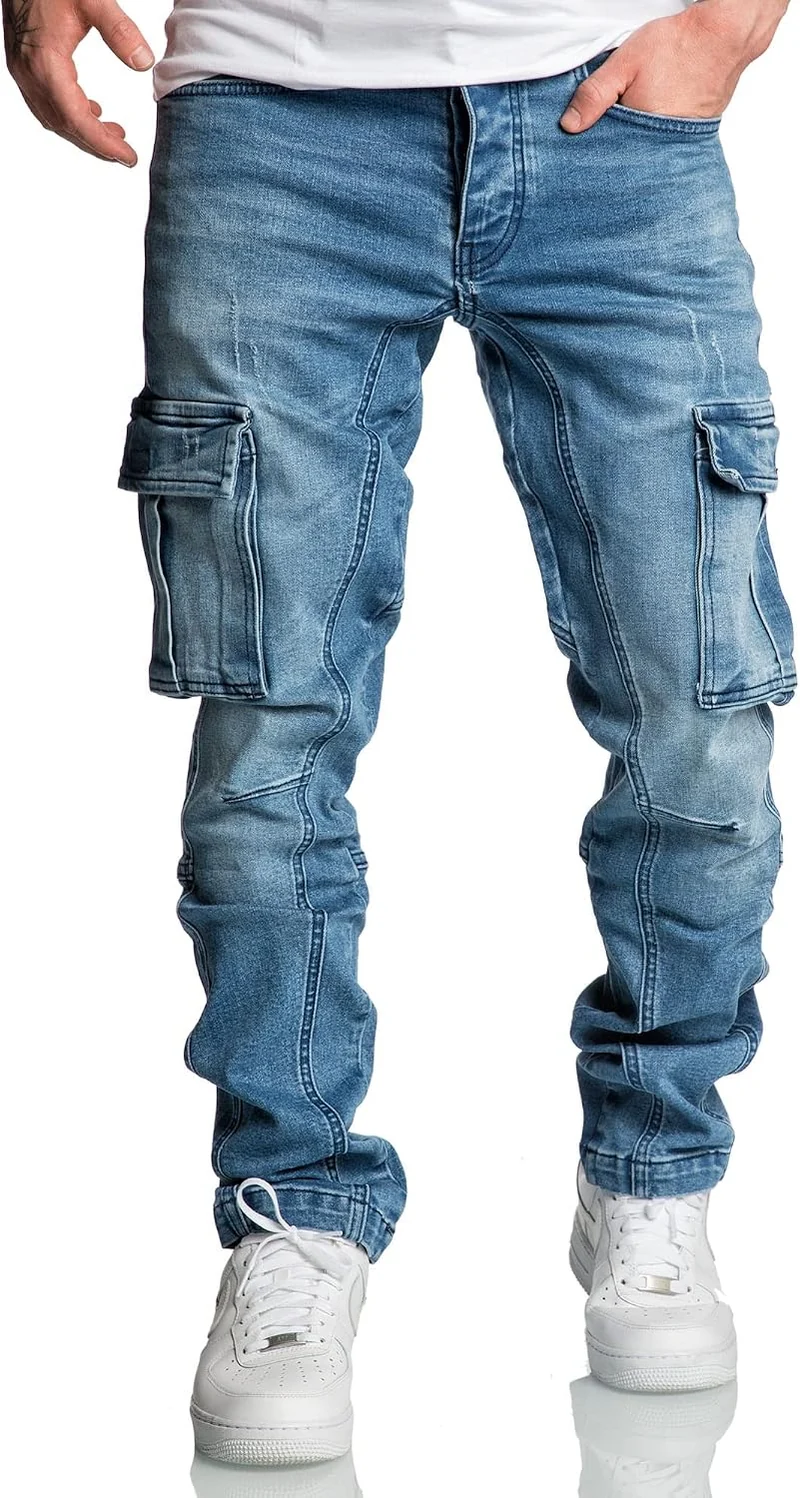 Amaci&Sons Herren Cargo Jeans Regular Slim Denim Hose Destroyed 7977 40W / 30L Hellblau, 40W / 30L H