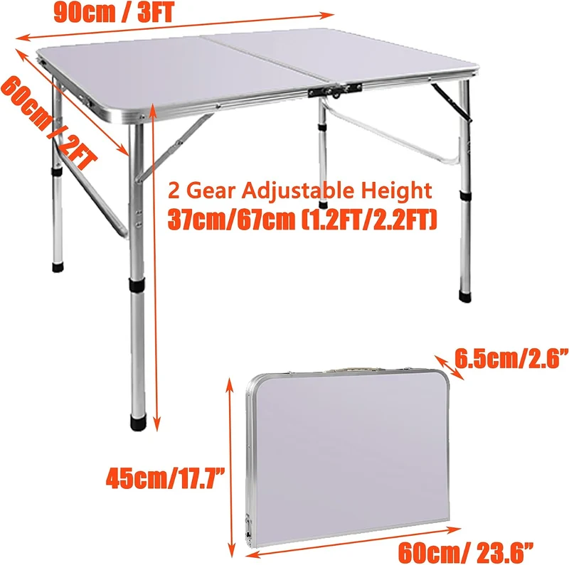 Aluminium-Klapptisch, 91 cm, robust, zusammenklappbar, mit Tragegriff, 2 Stufen höhenverstellbar, tr