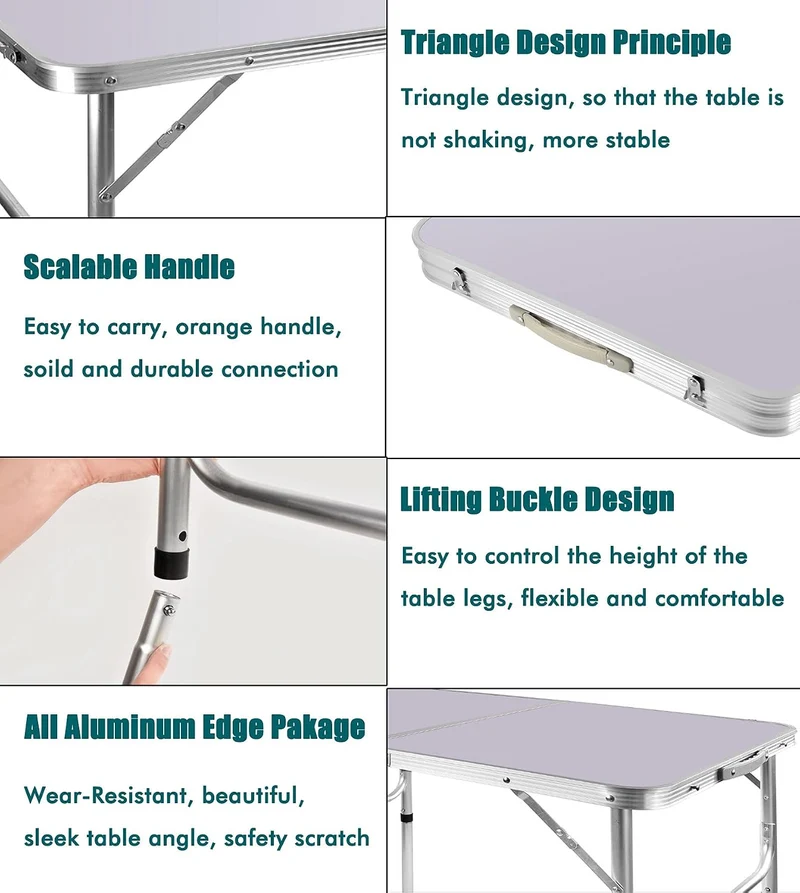 Aluminium-Klapptisch, 91 cm, robust, zusammenklappbar, mit Tragegriff, 2 Stufen höhenverstellbar, tr