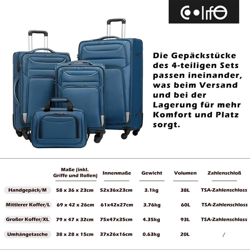 COOLIFE Koffer Trolley Koffer Reisekoffer von 4 Rollen Stoffkoffer Handgepäck TSA-Schloss Der Koffer