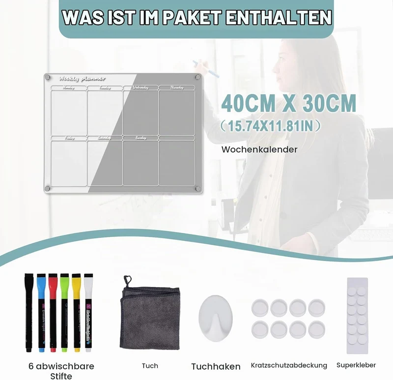 Acrylic Wochenplaner Magnetisch,Wochenplaner abwischbar für Kühlschrank,15.74x11.81 Zoll Wiederverwe