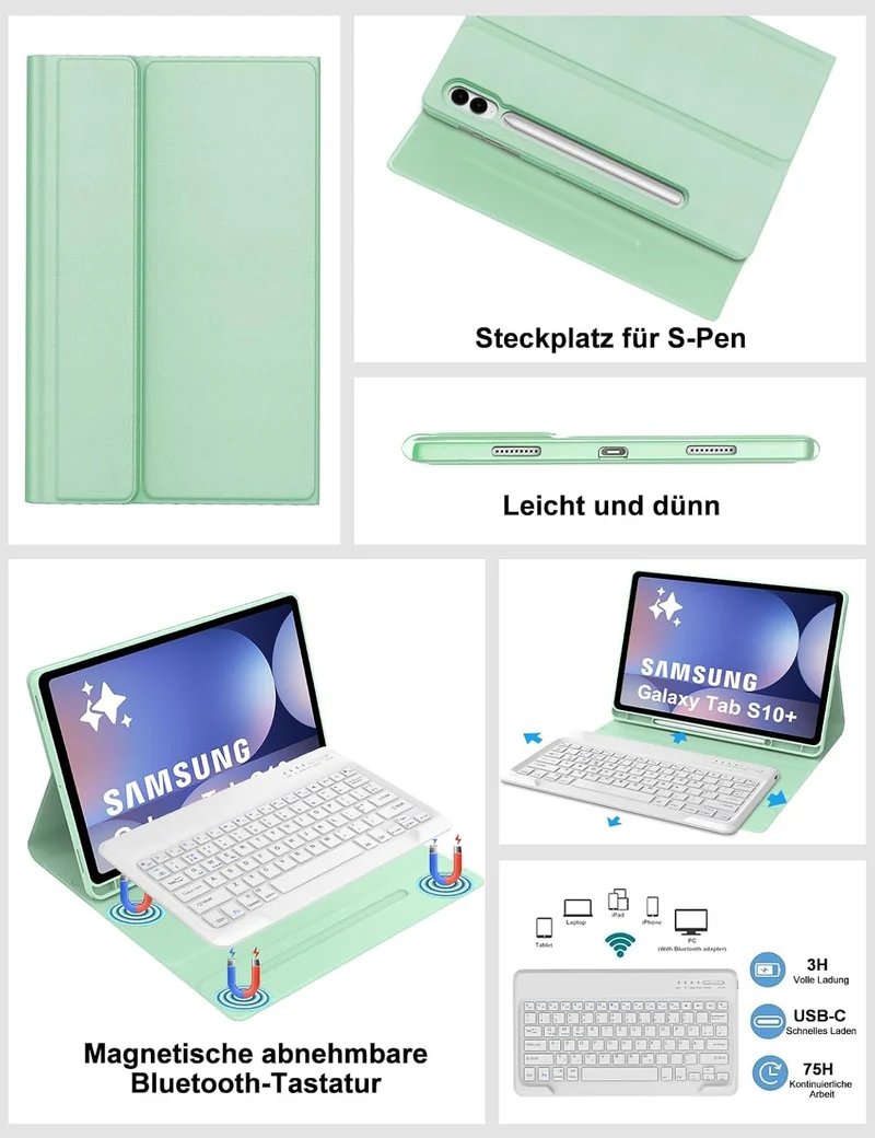Hülle mit Tastatur für Samsung Galaxy Tab S10 Plus 2024/S9FE+/S9 Plus 12.4", Tastatur QWERTZ deutsch