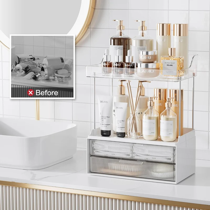 Delamu Make Up Organizer mit 2 Schubladen, 2 Etagen Kosmetik Organizer, Multifunktions Grösser Kosme